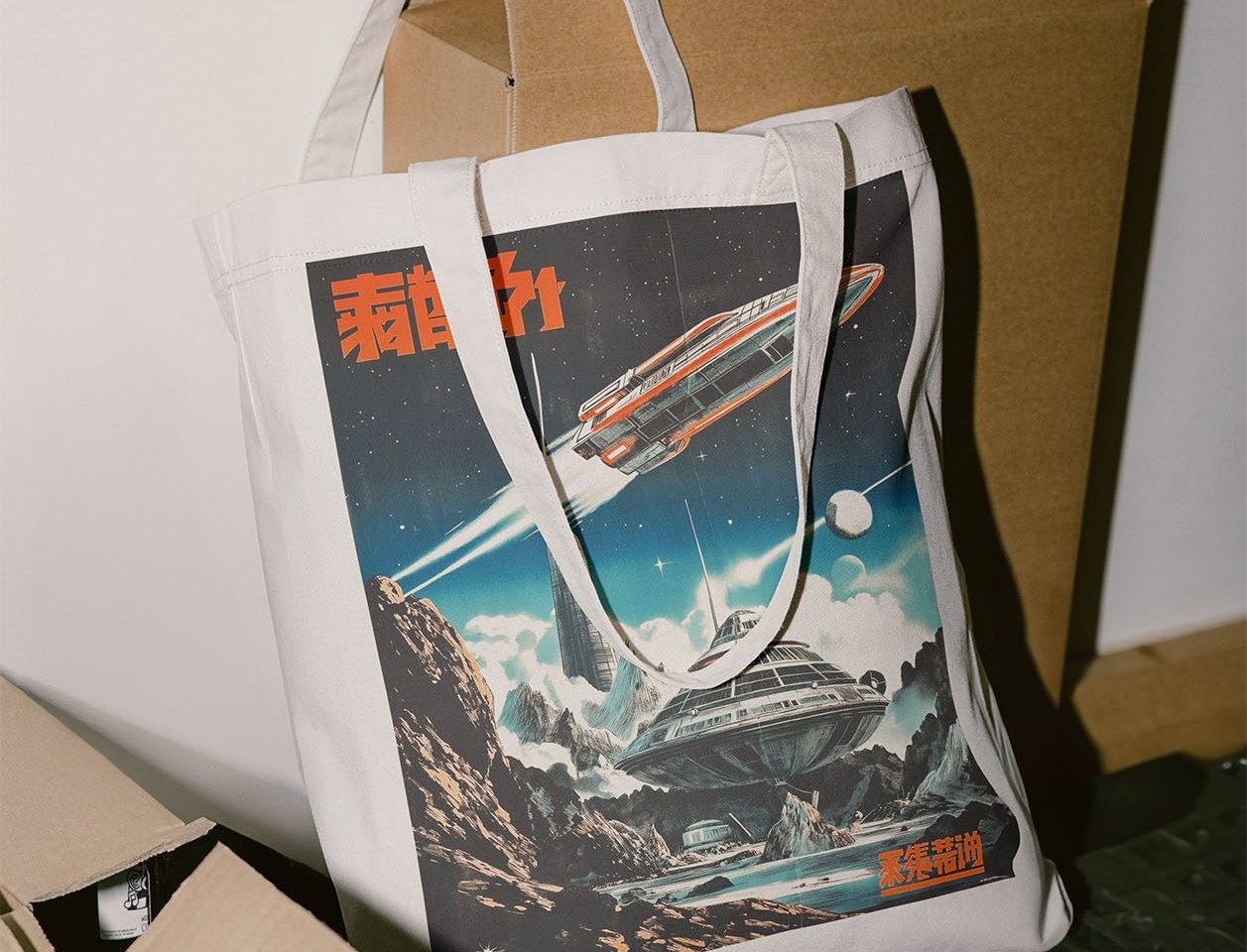 A vibrant tote bag featuring a colorful spaceship design, customized with a space-themed DTF transfer.