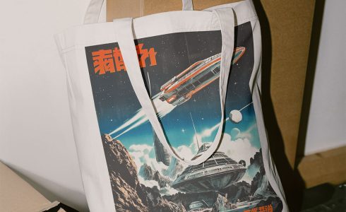 A vibrant tote bag featuring a colorful spaceship design, customized with a space-themed DTF transfer.