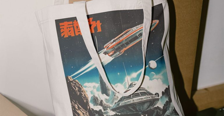 A vibrant tote bag featuring a colorful spaceship design, customized with a space-themed DTF transfer.